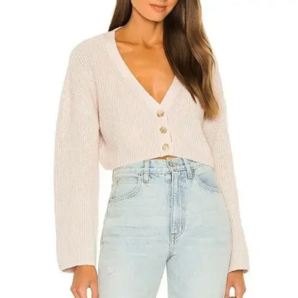 Weekend Stories Alice Crop Ribbed Knit Bell Sleeve Cardigan M Neutral/Beige